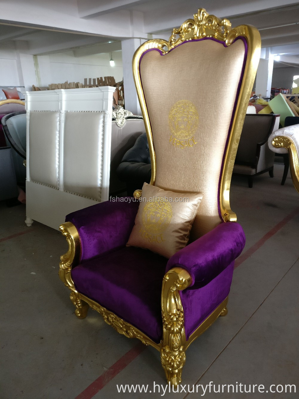 Supply royal king throne chair, PU bergere chair, purple leather hotel high back chair